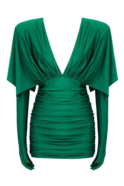 Deep V-Neck Cape Sleeve Ruched Bodycon Mini Dress