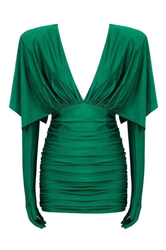 Deep V-Neck Ruched Cape Sleeve Bodycon Mini Dress