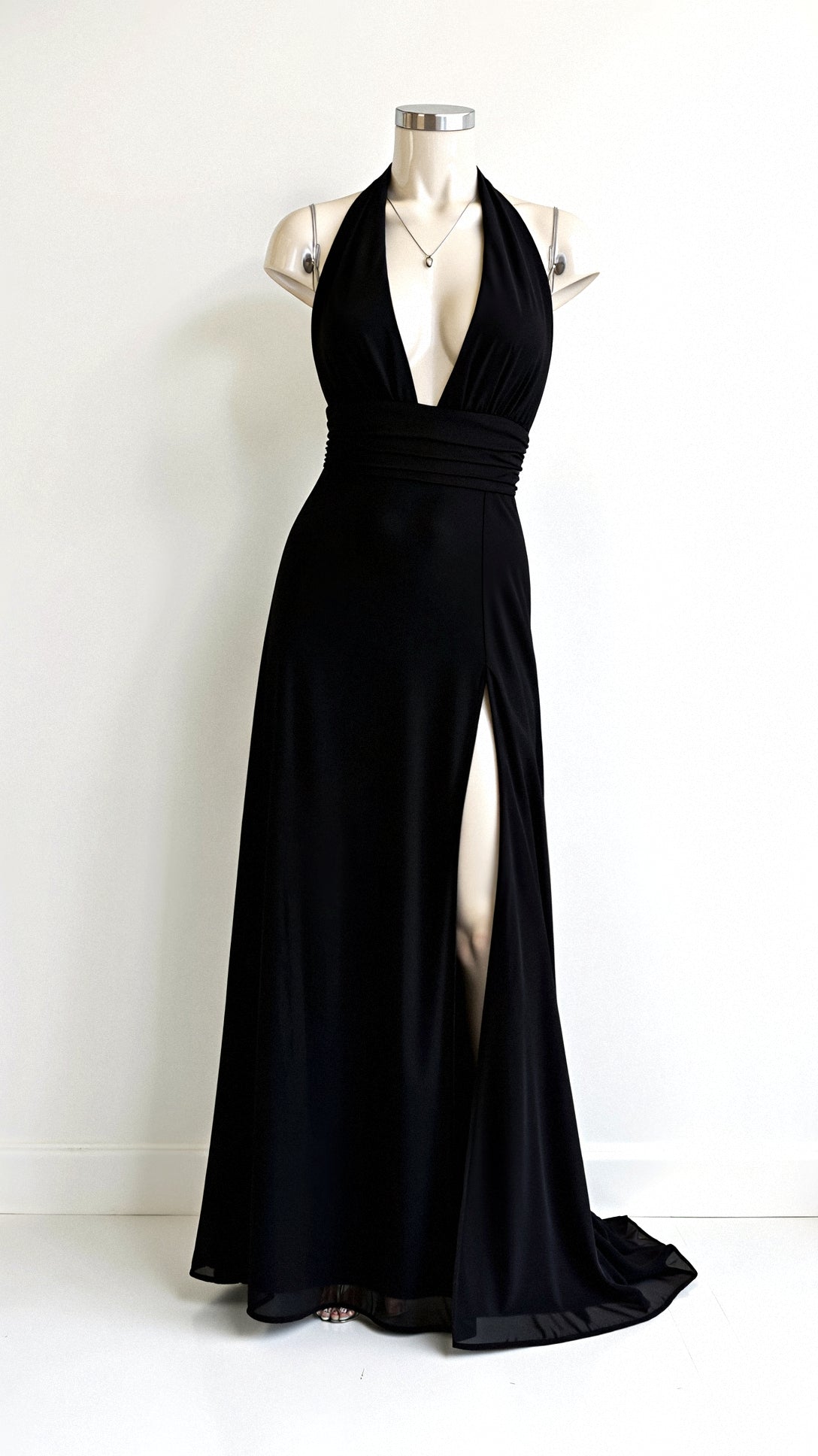 Halter Deep V-Neck Ruched Waist High Slit Maxi Dress