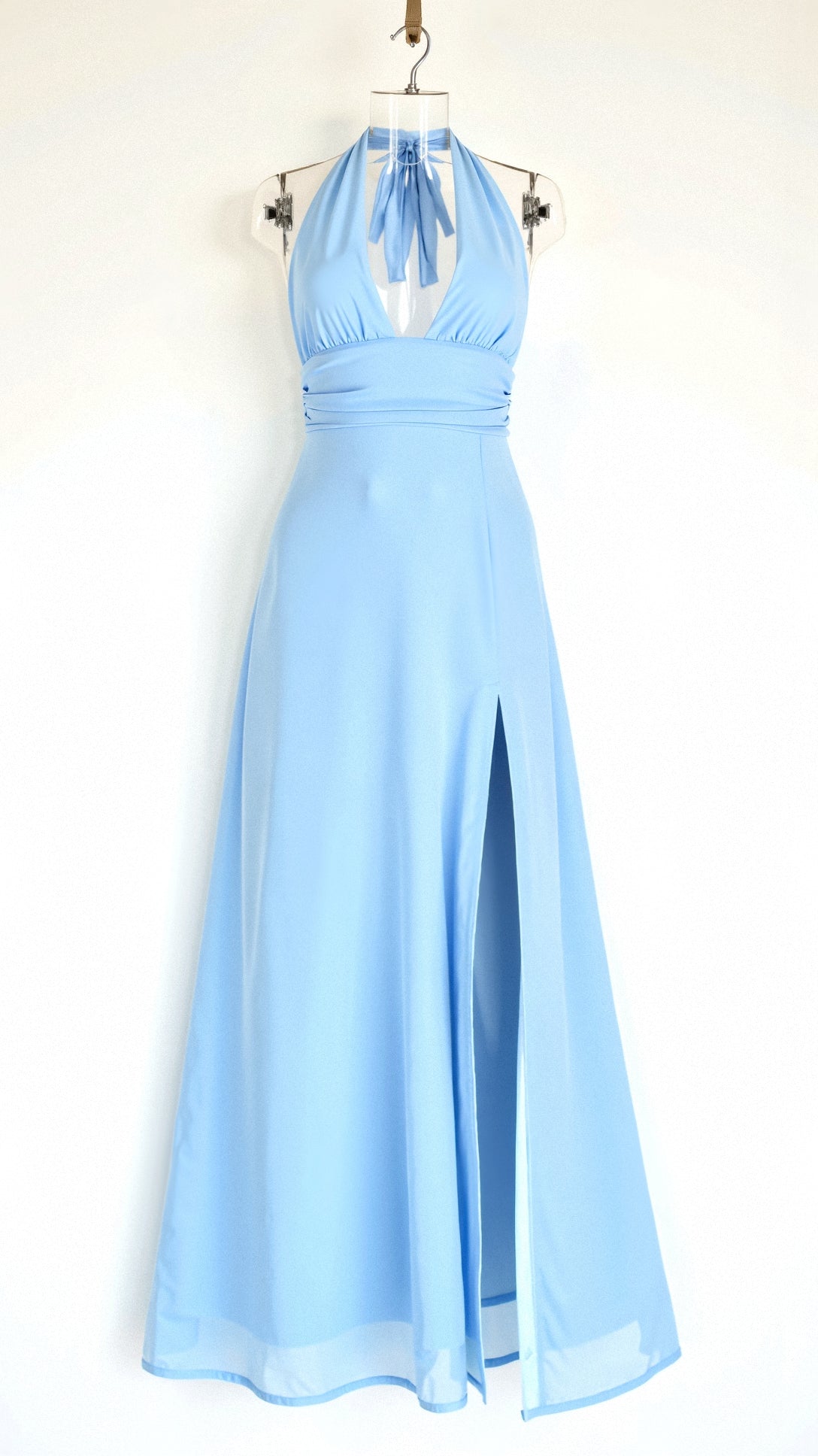 Halter Deep V-Neck Ruched Waist High Slit Maxi Dress
