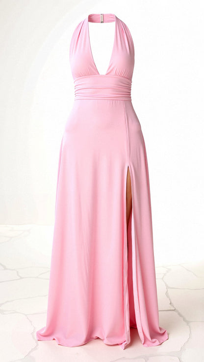 Halter Deep V-Neck Ruched Waist High Slit Maxi Dress