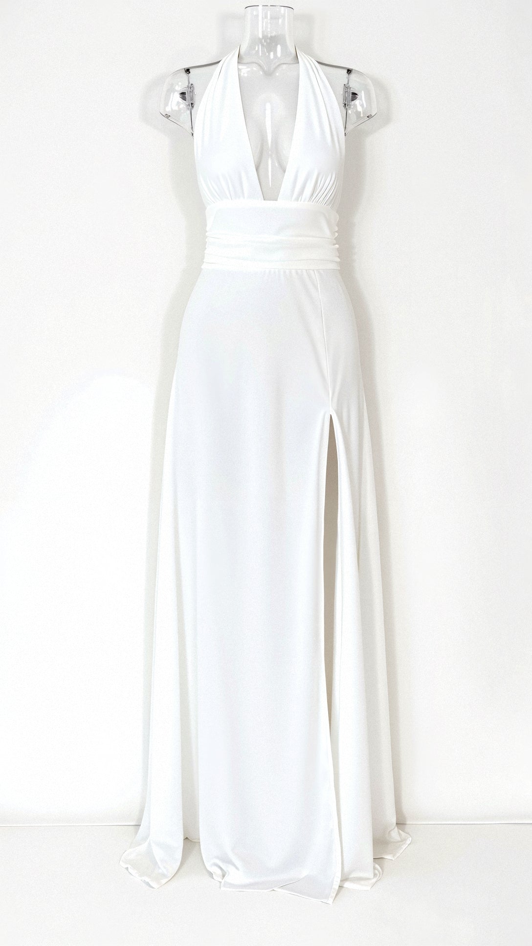 Halter Deep V-Neck Ruched Waist High Slit Maxi Dress