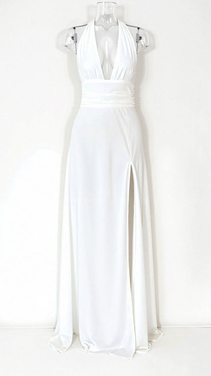 Halter Plunge V-Neck Ruched Waist High Slit Flowy Maxi Dress