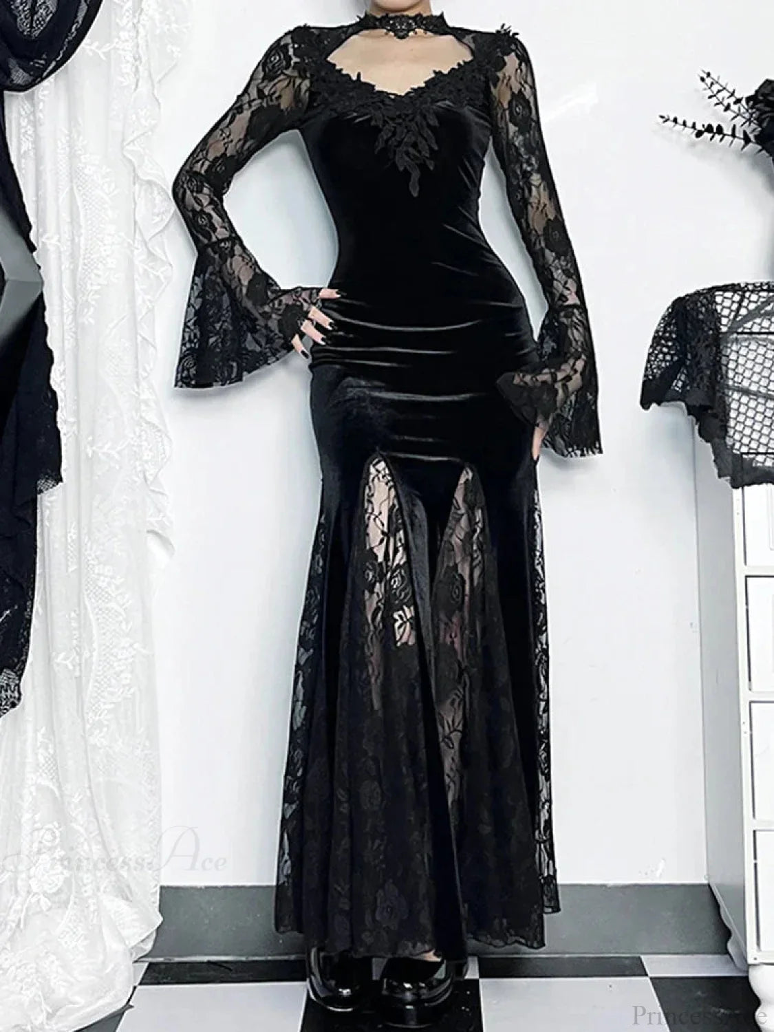 Antique Lace Flare Sleeve Midi Dress