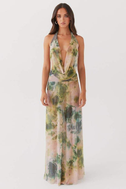 Halter Cowl Neck Abstract Watercolor Print Wrap Waist Maxi Dress