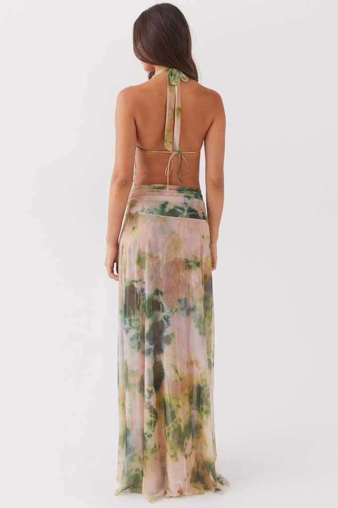 Halter Cowl Neck Abstract Watercolor Print Wrap Waist Maxi Dress