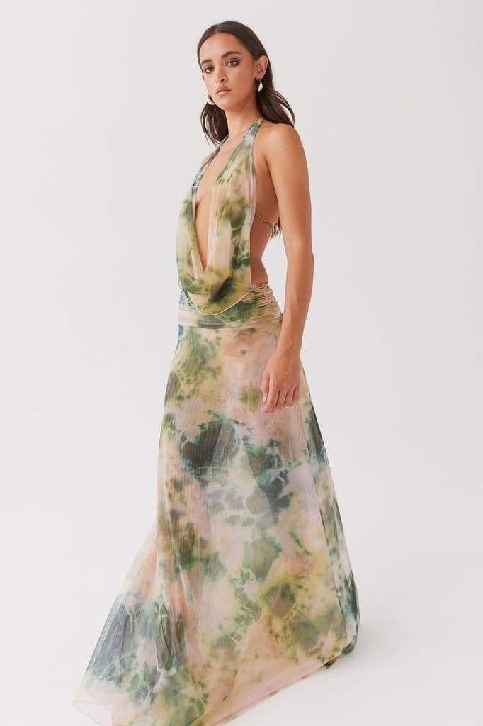Tie-Dye Print Halter Deep V-Neck Backless Rib Knit Mesh Maxi Dress