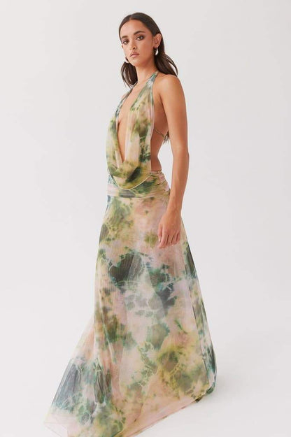 Halter Cowl Neck Abstract Watercolor Print Wrap Waist Maxi Dress