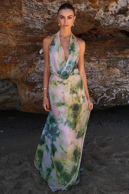 Halter Cowl Neck Abstract Watercolor Print Wrap Waist Maxi Dress