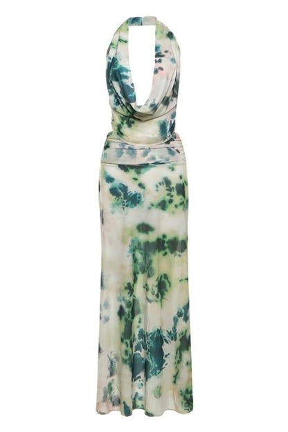 Halter Cowl Neck Abstract Watercolor Print Wrap Waist Maxi Dress