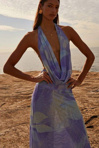 Halter Cowl Neck Abstract Watercolor Print Wrap Waist Maxi Dress