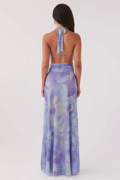 Halter Cowl Neck Abstract Watercolor Print Wrap Waist Maxi Dress