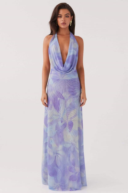 Halter Cowl Neck Abstract Watercolor Print Wrap Waist Maxi Dress