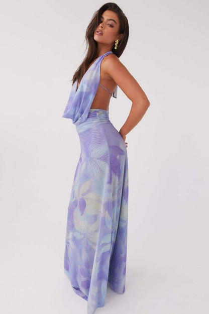 Halter Cowl Neck Abstract Watercolor Print Wrap Waist Maxi Dress