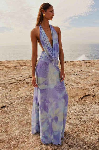 Halter Cowl Neck Abstract Watercolor Print Wrap Waist Maxi Dress