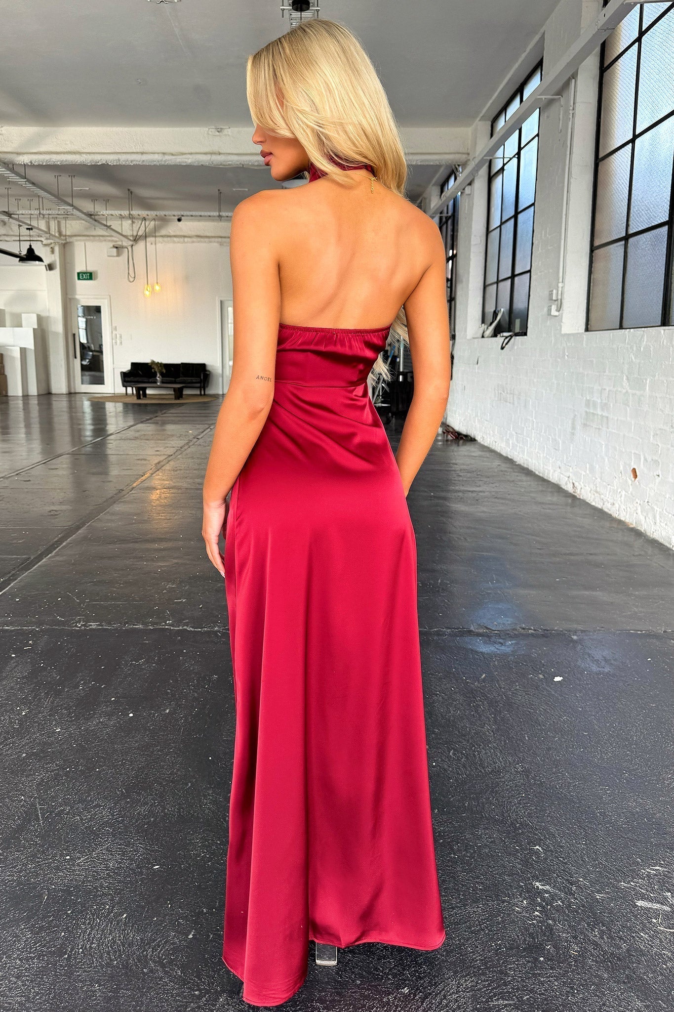 Halter Mock Neck Ruched Draped High Split Satin Maxi Dress