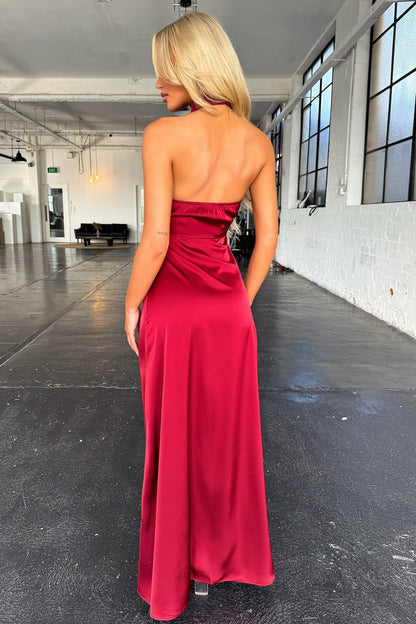 Halter Mock Neck Ruched Draped High Split Satin Maxi Dress