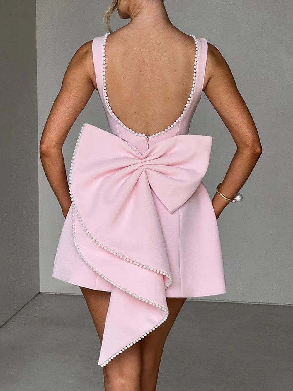 Sleeveless Pearl Trim Oversized Bow Back Mini Dress
