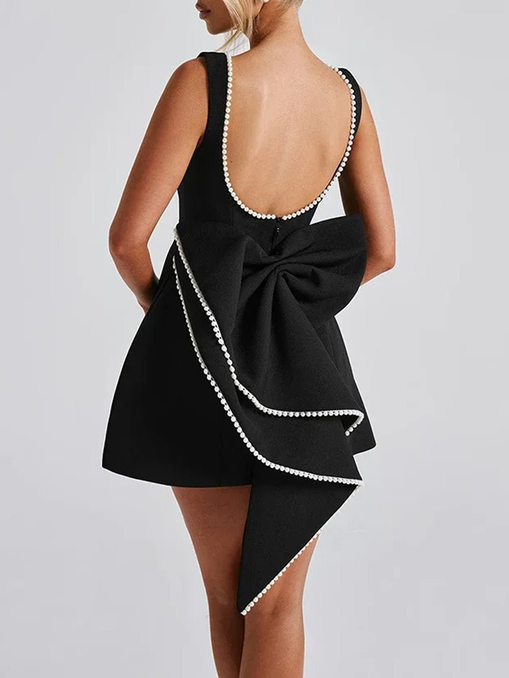 Sleeveless Pearl Trim Oversized Bow Back Mini Dress