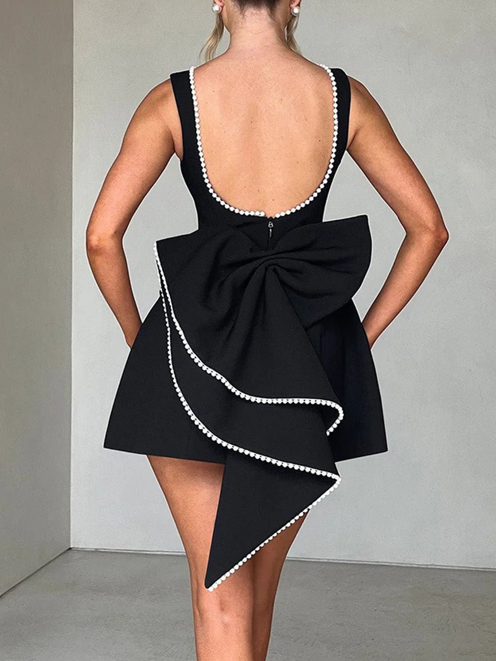 Sleeveless Pearl Trim Oversized Bow Back Mini Dress