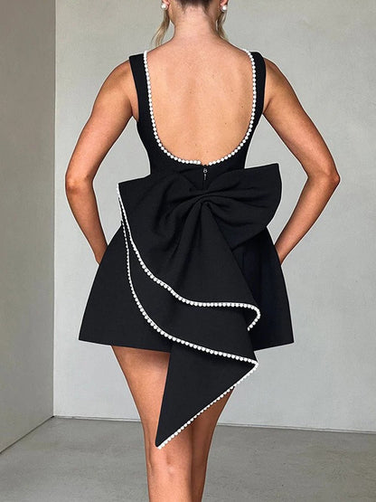 Sleeveless Pearl Trim Oversized Bow Back Mini Dress
