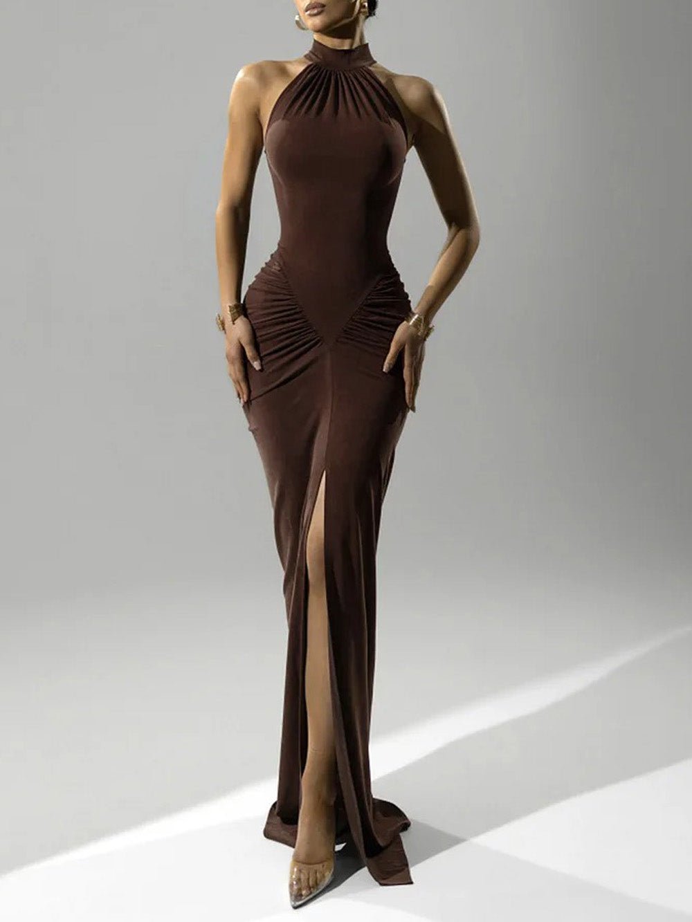 Halter Neck Ruched Waist Front Slit Bodycon Maxi Dress