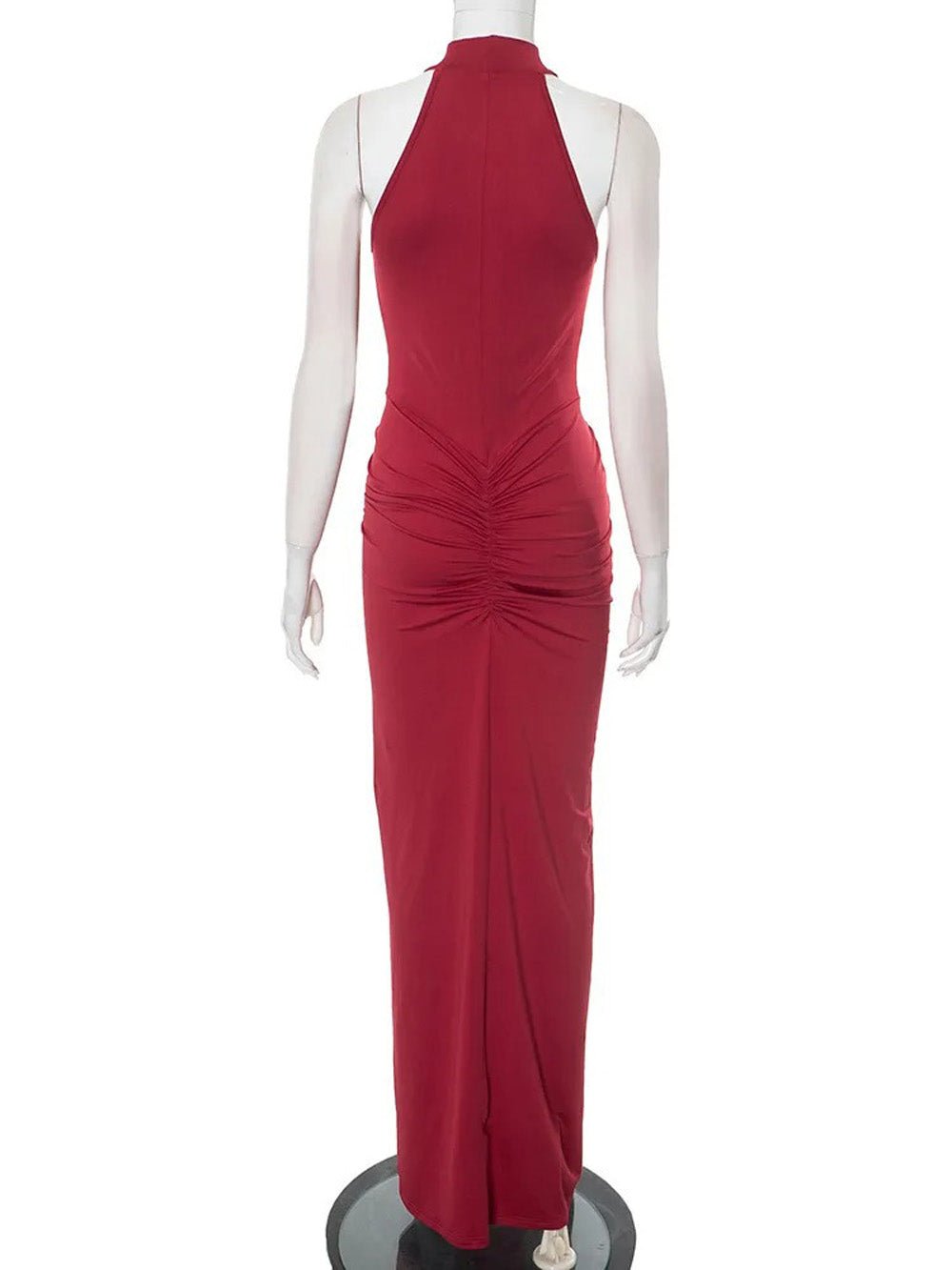 Halter Neck Ruched Waist Front Slit Bodycon Maxi Dress
