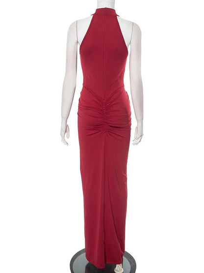 Halter Neck Ruched Waist Front Slit Bodycon Maxi Dress