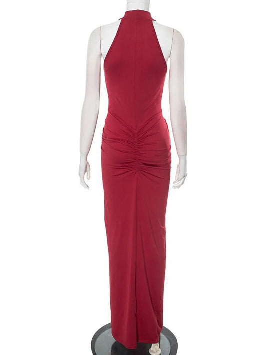 Halter Neck Ruched Waist Front Slit Bodycon Maxi Dress