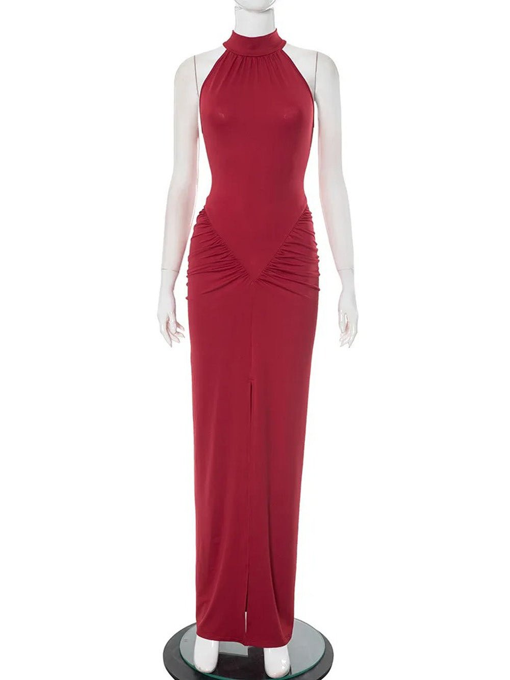 Halter Neck Ruched Waist Front Slit Bodycon Maxi Dress