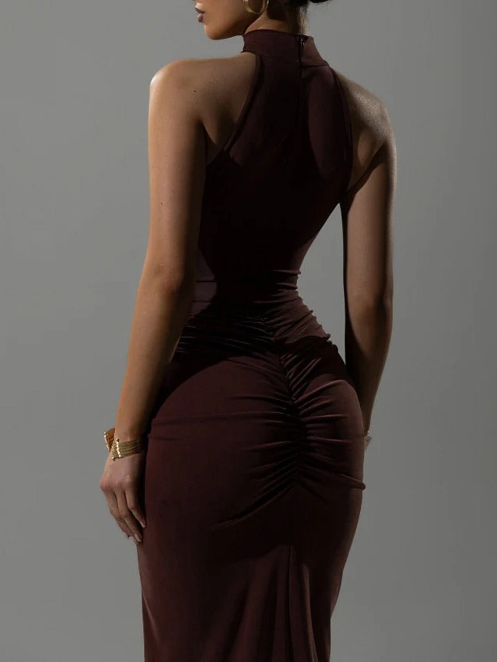 Halter Neck Ruched Waist Front Slit Bodycon Maxi Dress