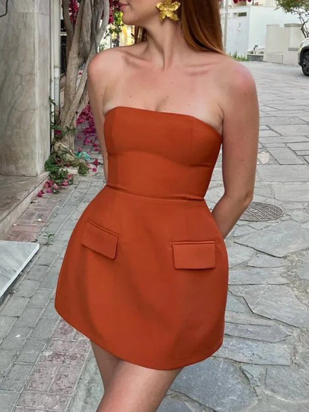 Strapless Flap Pocket Structured A-Line Mini Dress