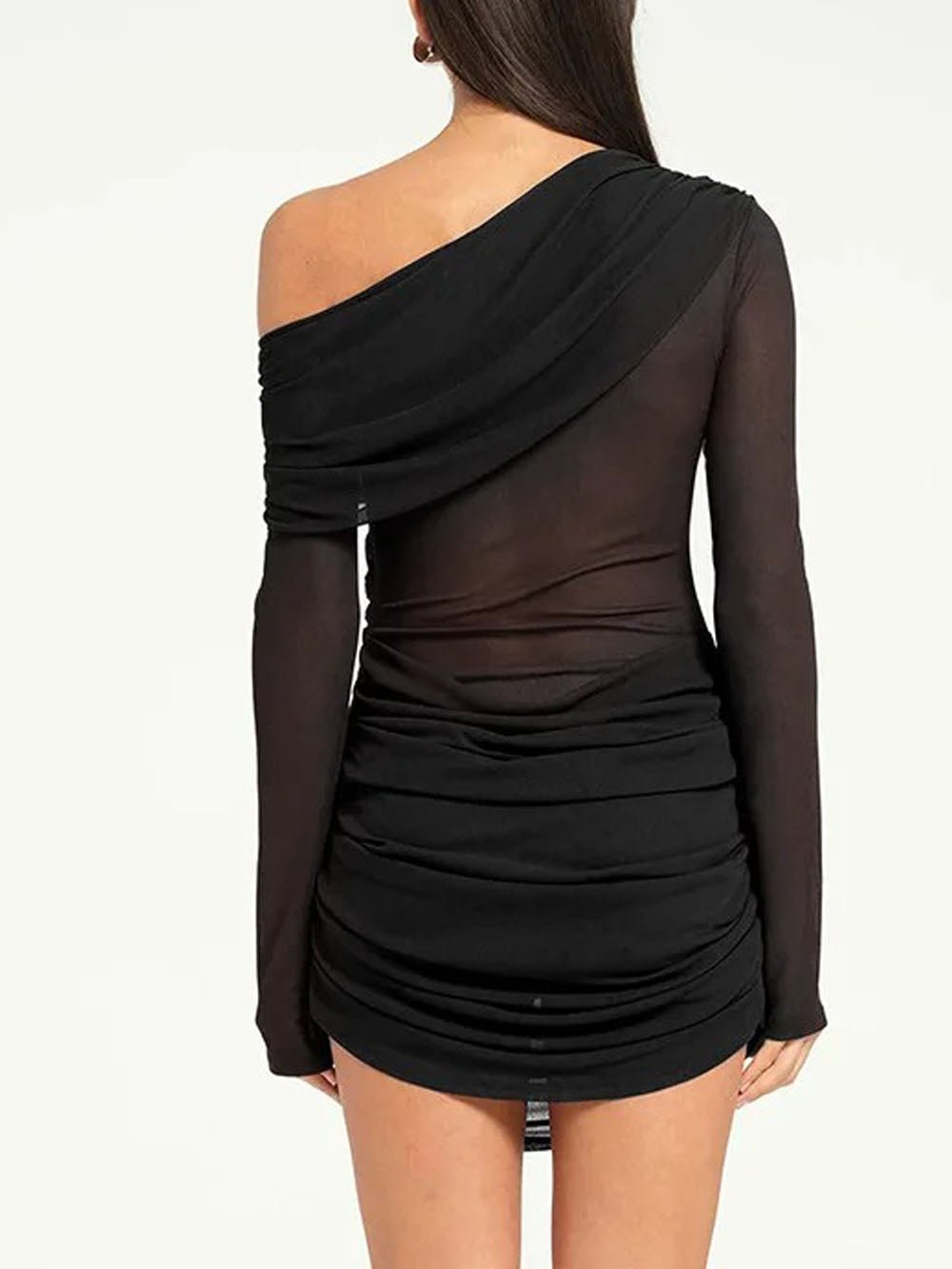 One Shoulder Mesh Panel Ruched Long Sleeve Mini Dress
