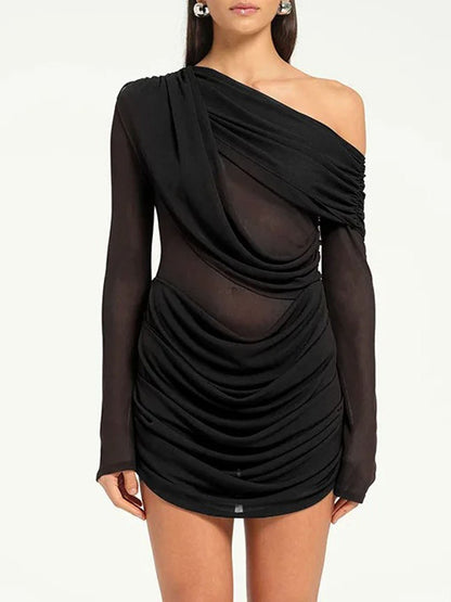One Shoulder Mesh Panel Ruched Long Sleeve Mini Dress