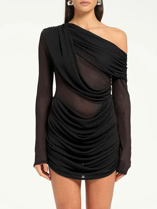 One Shoulder Mesh Panel Ruched Long Sleeve Mini Dress