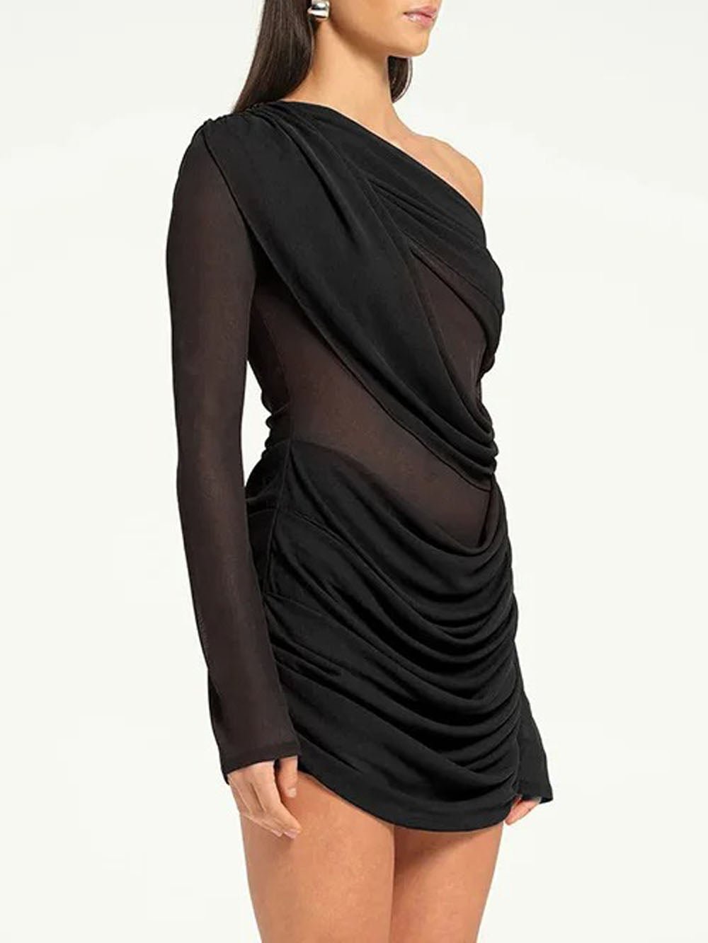 One Shoulder Mesh Panel Ruched Long Sleeve Mini Dress