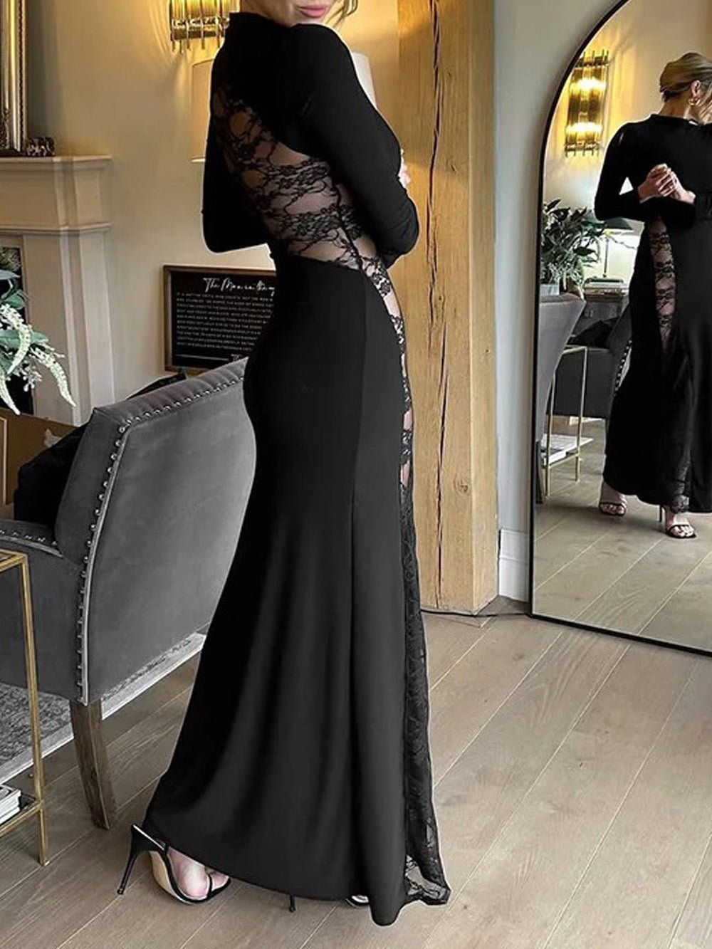 Mock Neck Lace Panel Insert Long Sleeve Side Slit Maxi Gown