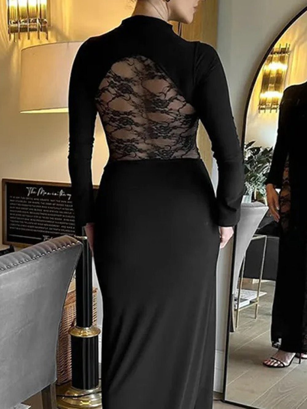Mock Neck Lace Panel Insert Long Sleeve Side Slit Maxi Gown