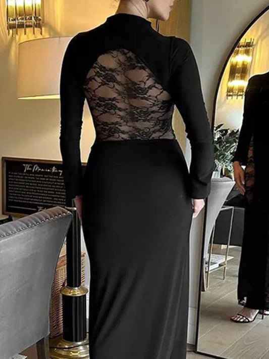 Mock Neck Lace Panel Insert Long Sleeve Side Slit Maxi Gown