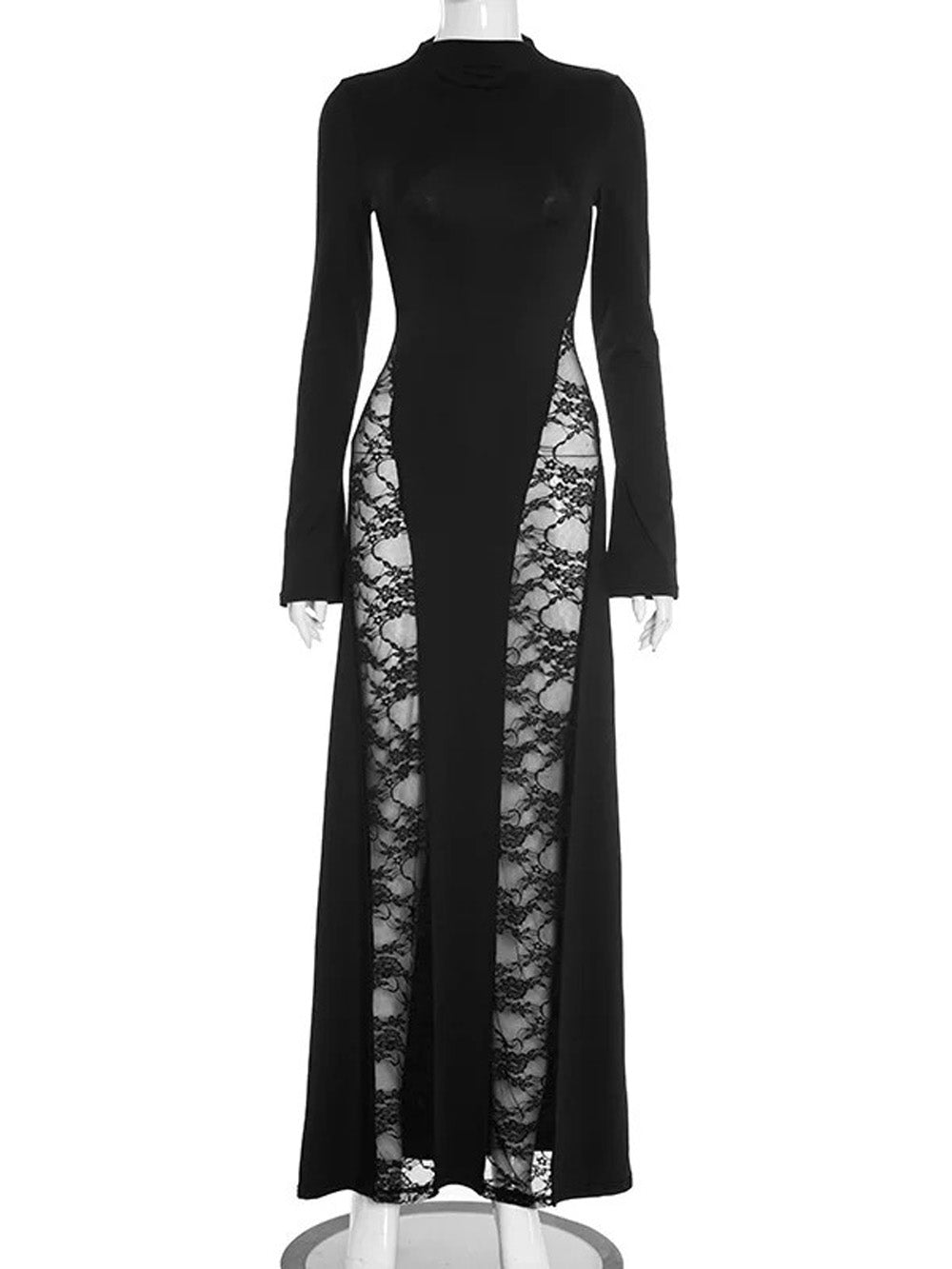 Mock Neck Lace Panel Insert Long Sleeve Side Slit Maxi Gown
