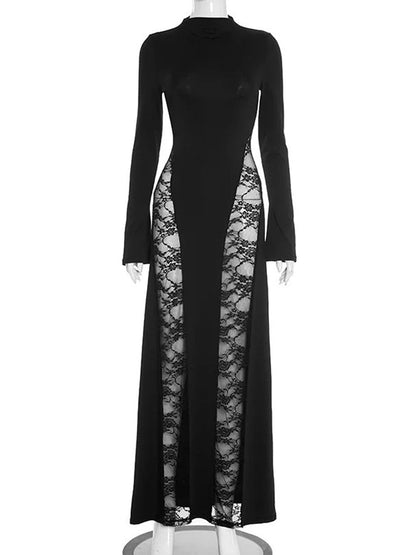 Mock Neck Lace Panel Insert Long Sleeve Side Slit Maxi Gown