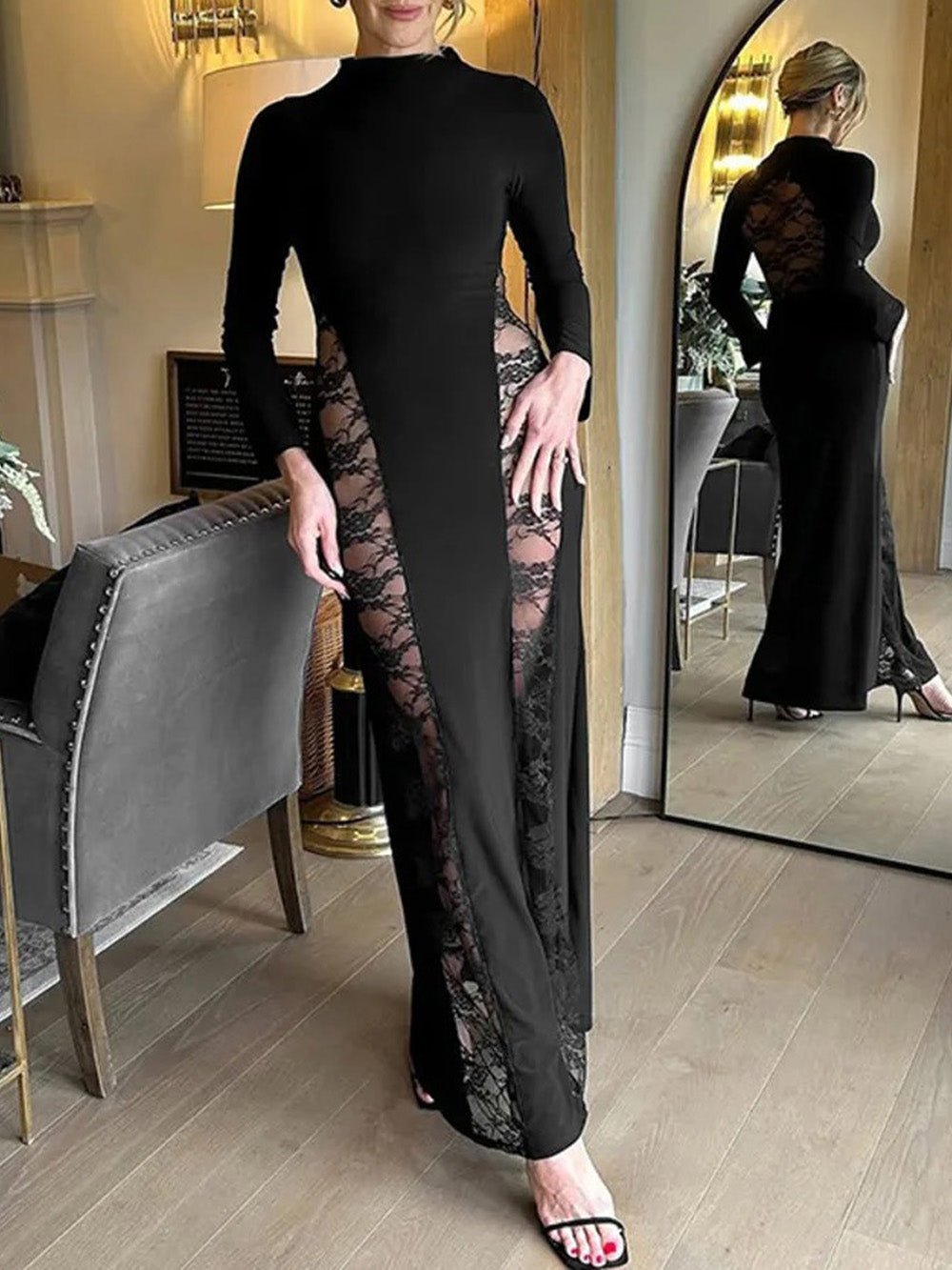Mock Neck Lace Panel Insert Long Sleeve Side Slit Maxi Gown