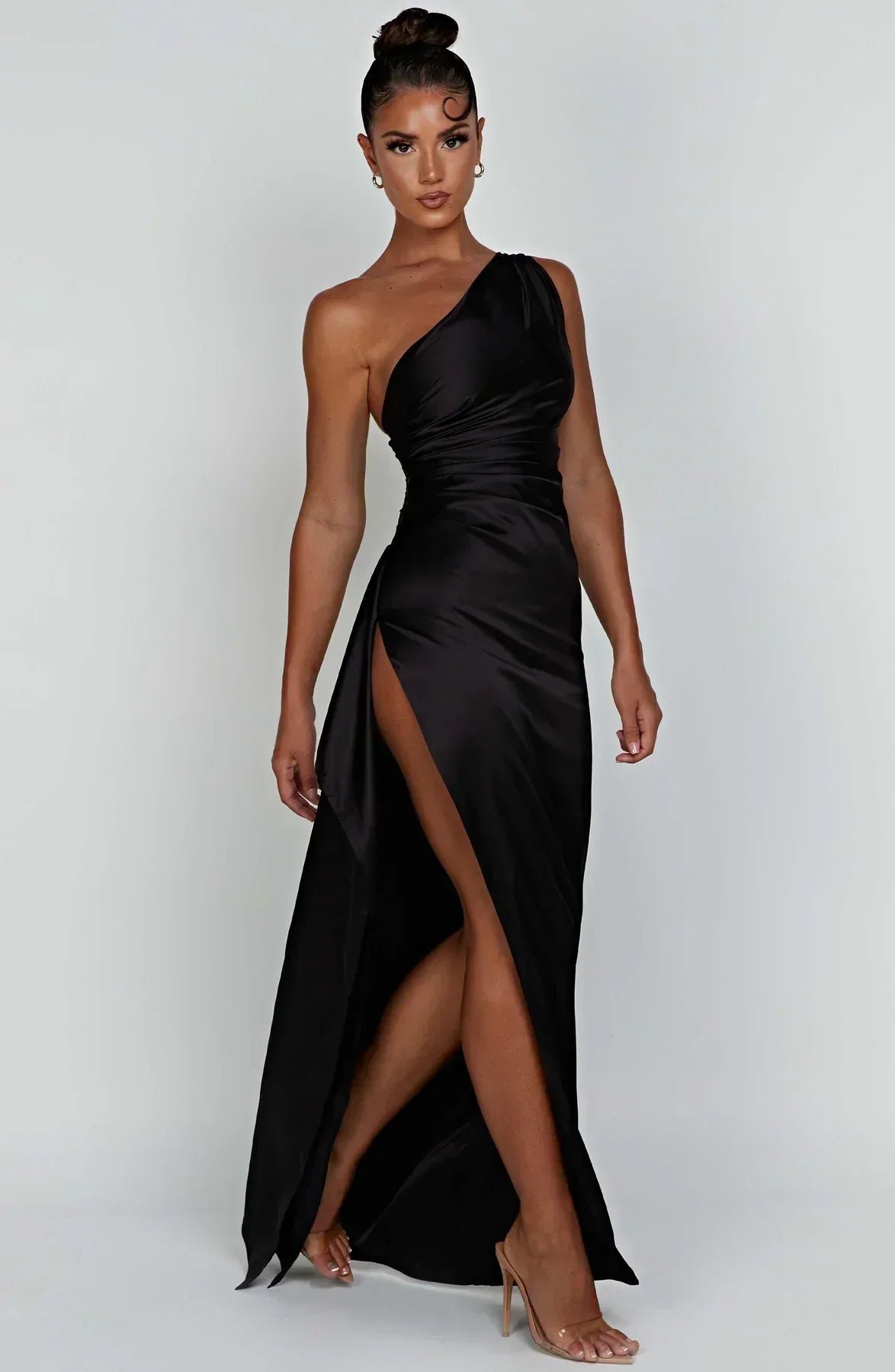 One Shoulder Ruched Satin High Split Column Maxi Gown
