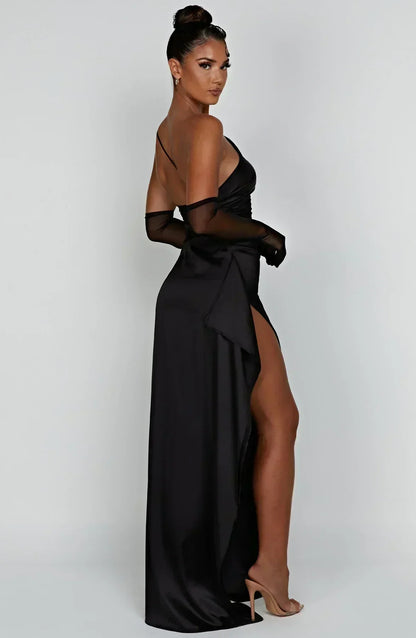 Satin One-Shoulder Ruched Thigh Slit Column Maxi Gown