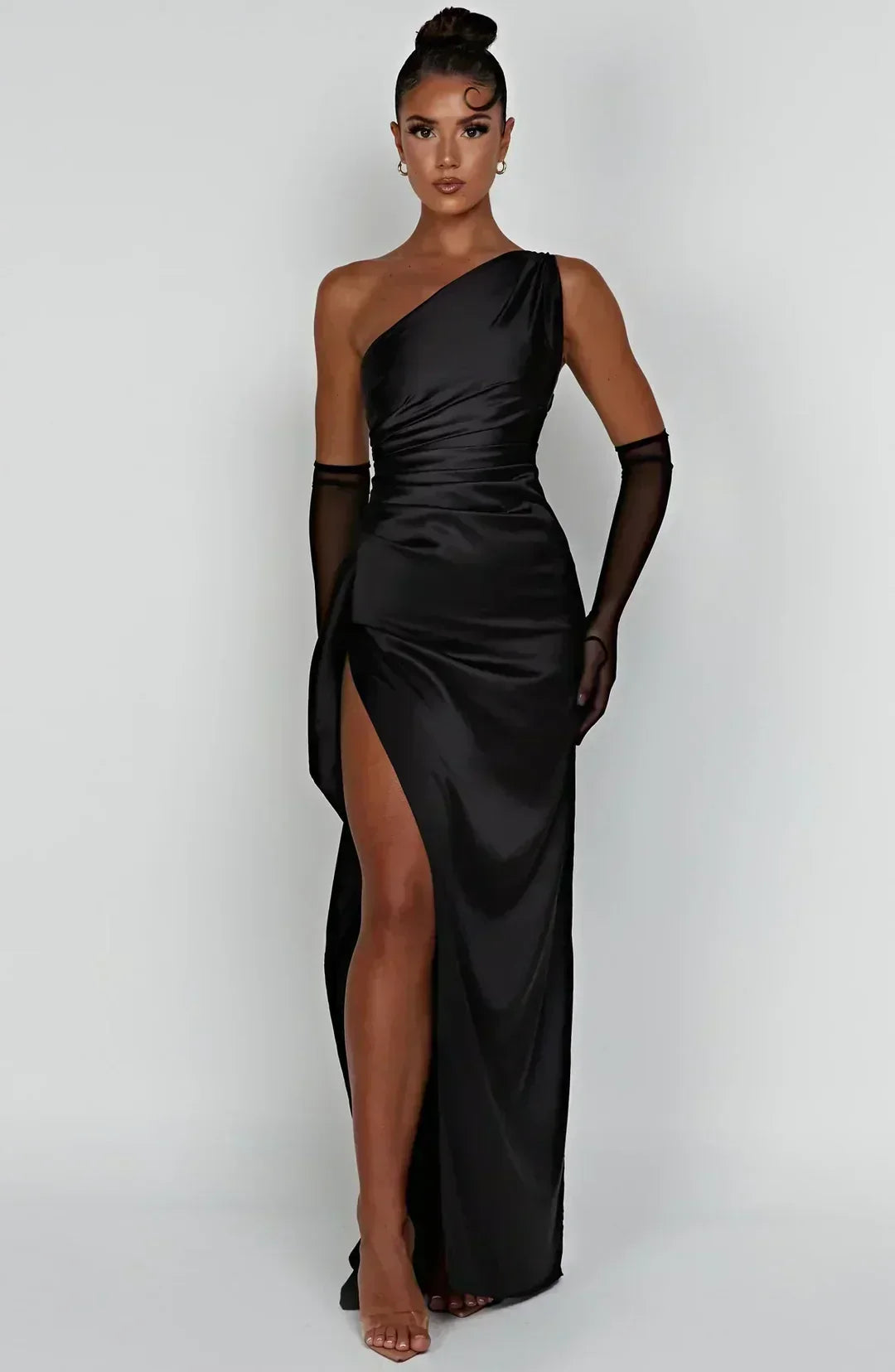 Satin One-Shoulder Ruched Thigh Slit Column Maxi Gown