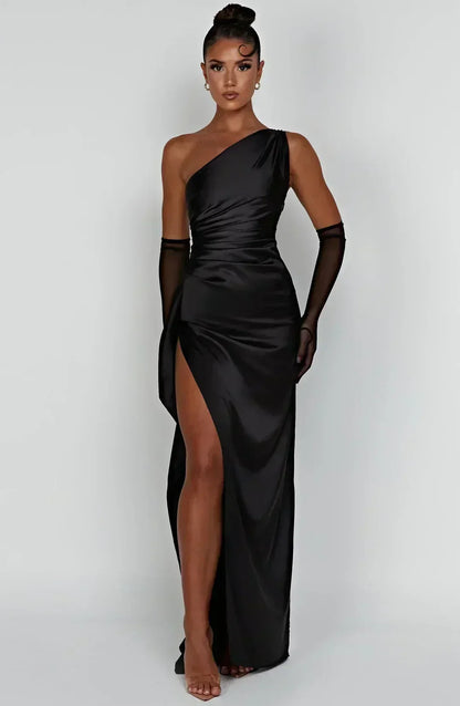 Satin One-Shoulder Ruched Thigh Slit Column Maxi Gown