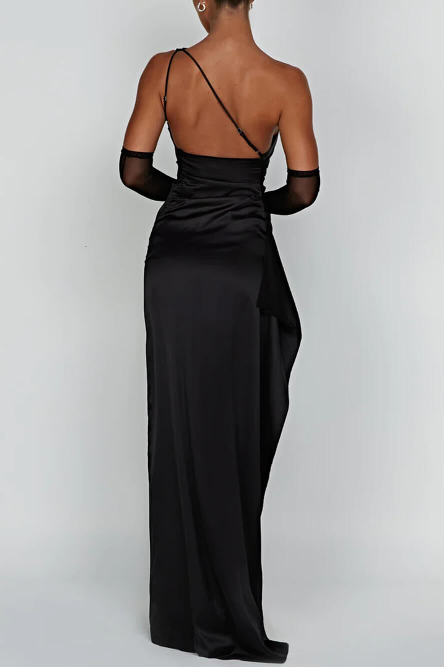One-Shoulder Ruched Satin High Slit Draped Ruffle Trim Maxi Gown