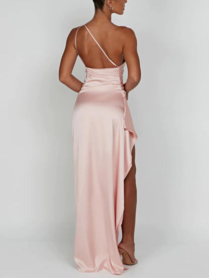 | One-Shoulder Satin Maxi Dress