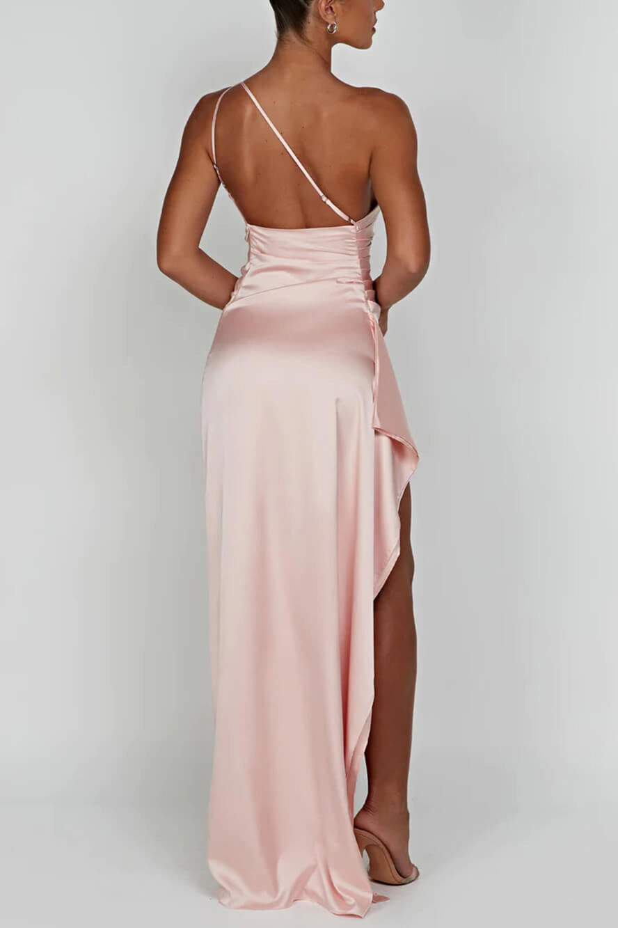 One-Shoulder Ruched Satin High Slit Draped Ruffle Trim Maxi Gown