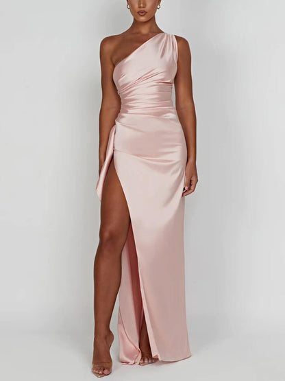 | One-Shoulder Satin Maxi Dress